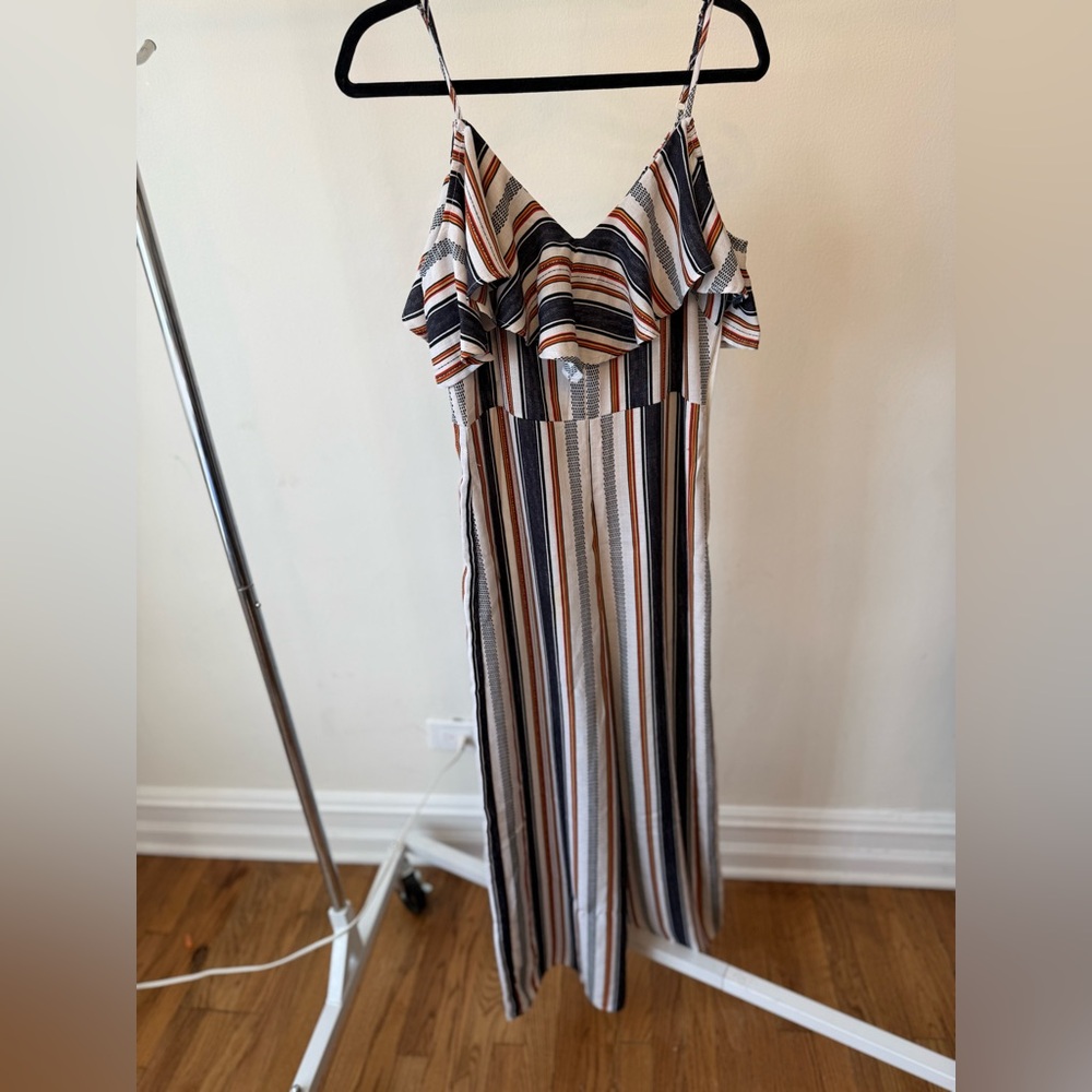 Striped Off-Shoulder Wide-Leg Jumpsuit in Navy & Rust